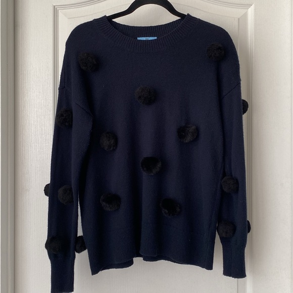 Adorable sweater. Navy with black fuzzy balls. Made by CeCe size small. - Picture 1 of 7